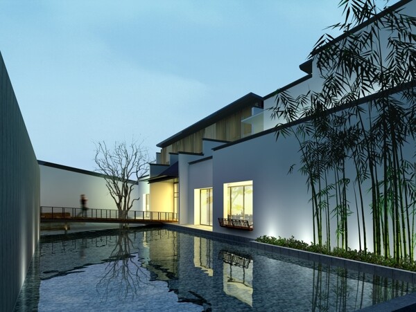 中式建筑四合院庭院水池竹子夜景3d效果图