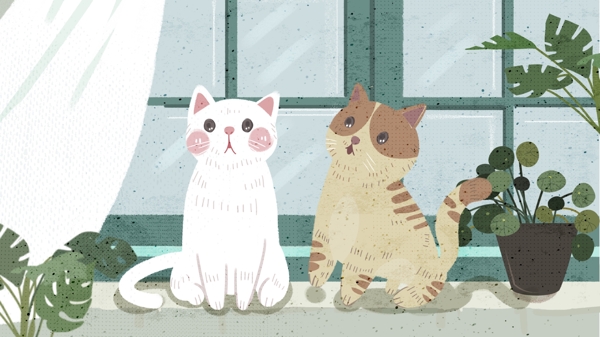 复古肌理萌宠系列窗台上的猫插画
