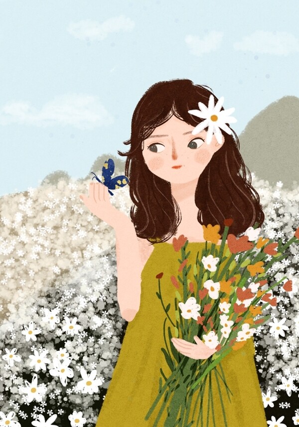 小场景插画花丛里的女孩图片