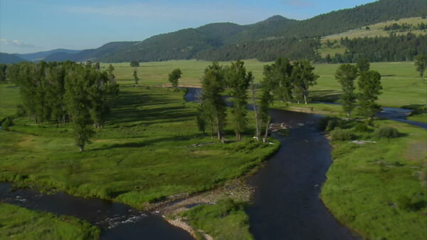 与河股票绿色山谷的空中拍摄的录像视频免费下载