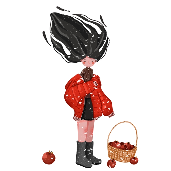 彩绘风雪中的女孩和一篮柿子设计