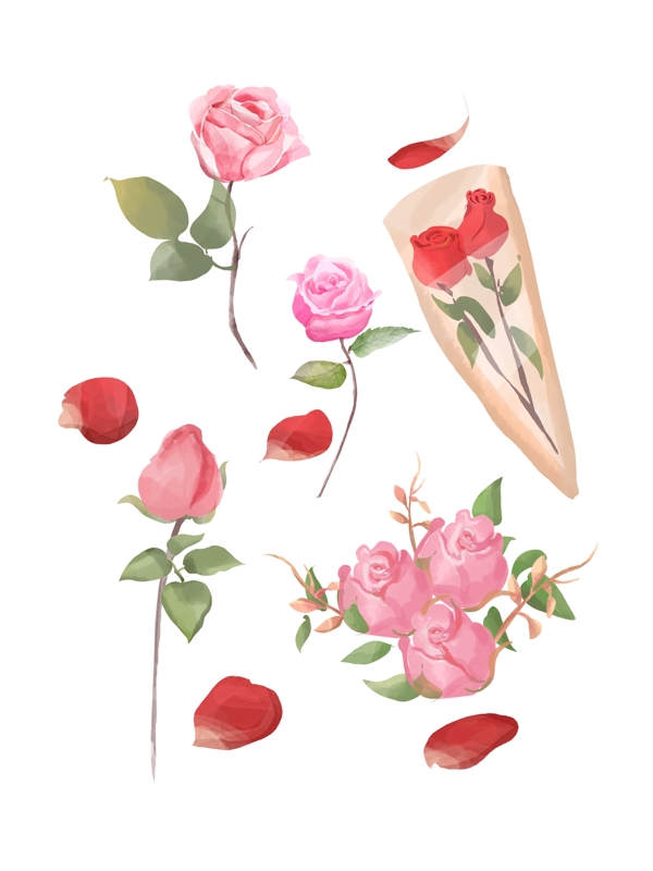 手绘玫瑰水彩风清新植物花卉插画元素