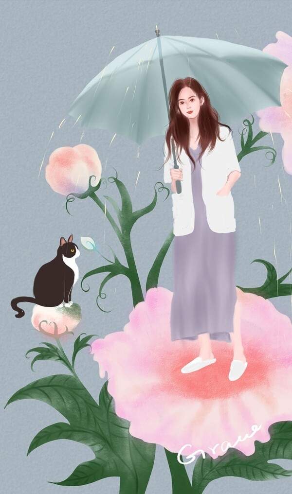 插画花朵女人和猫咪