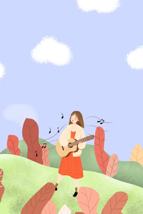初春户外出行吉他女孩插画海报