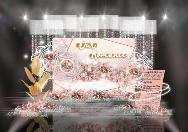 粉色拼色大理石背景镂空花海金边婚礼效果图