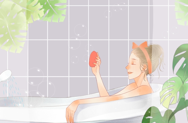 简约小清新日常生活浴室里泡澡的女孩
