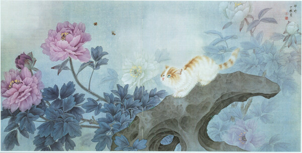 牡丹国画与猫咪图片