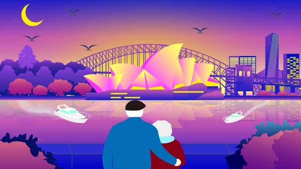 城市剪影地标建筑之悉尼歌剧院原创插画