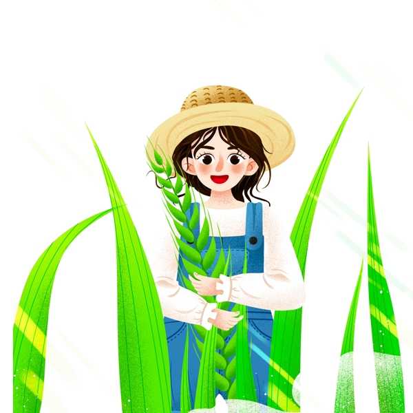手绘抱着水稻的女孩