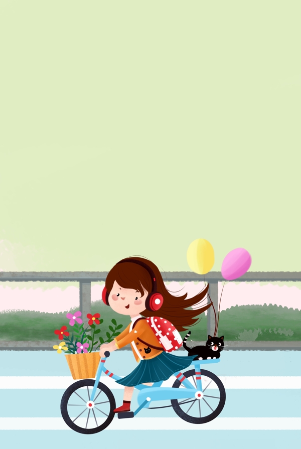 立春之可爱女孩自行车郊游插画海报