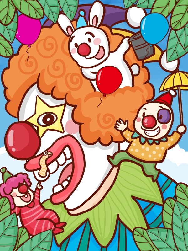 愚人节小丑和他的朋友们给人们表演逗乐卡通