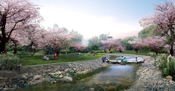 桃花園林景觀廣告素材圖片