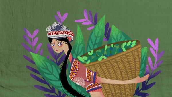 民族风中国风商业插画少女和植物