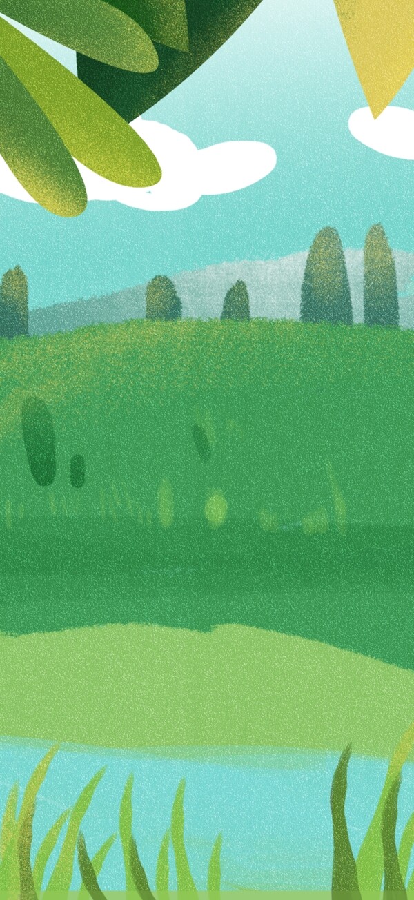 草地上的绿色树木卡通背景