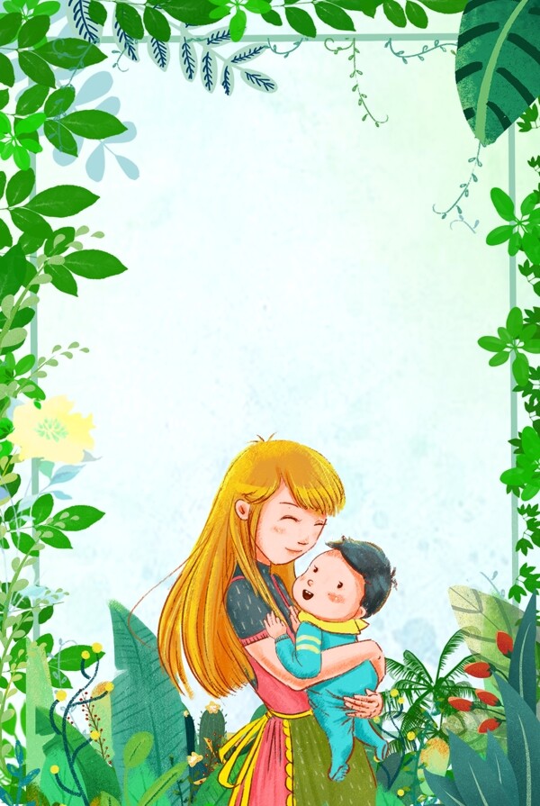绿色手绘卡通温馨母亲节花卉文艺背景