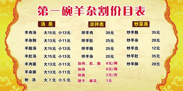 羊雜割價目表
