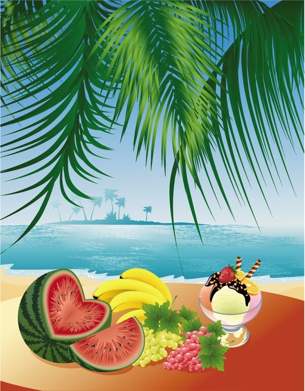 各种水果与海滩风景矢量素材
