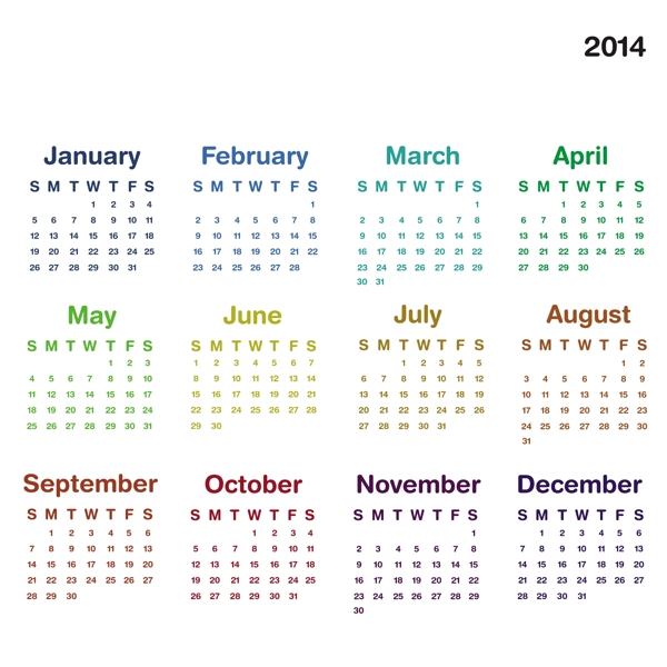 矢量2014年日历模板