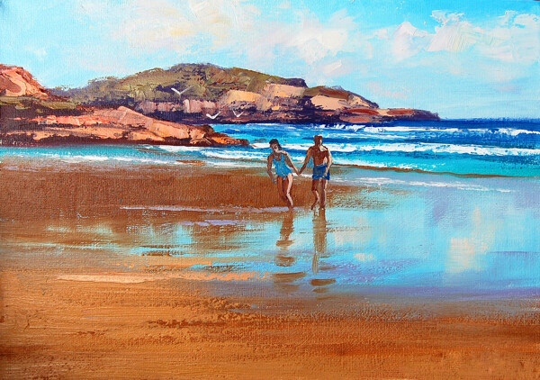 油画海滩情侣图片