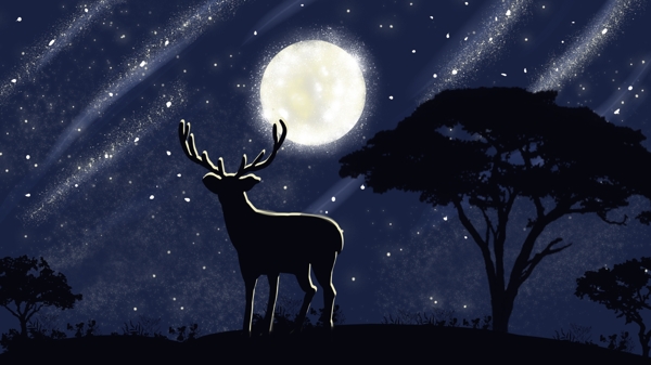 森林与鹿系列月光下的鹿治愈插画海报配图