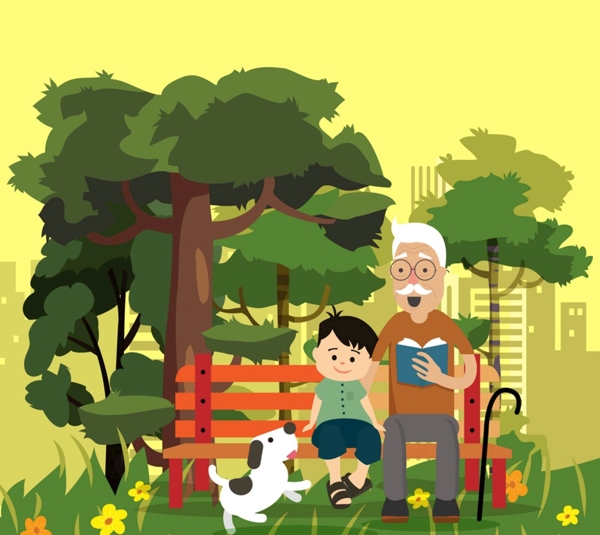 公园看书的爷爷和孙子