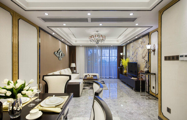 现代奢华客厅白色亮面天花板室内装修效果图