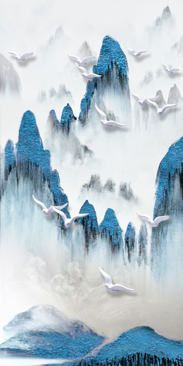 抽象水墨山水海鸥白色鸟