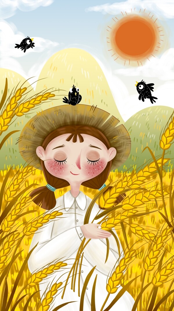 芒种麦地里的女孩小清新插画