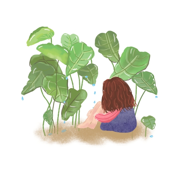 二十四节气之白露女孩人物植物绿色插画元素