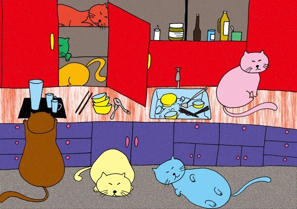儿童卡通彩色宠物猫原创插画
