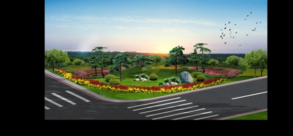 道路交叉口节点绿化方案效果图图片
