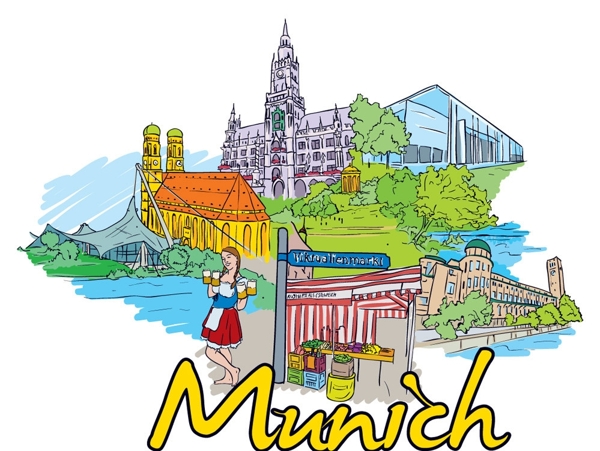 手绘德国慕尼黑旅游城市建筑图片