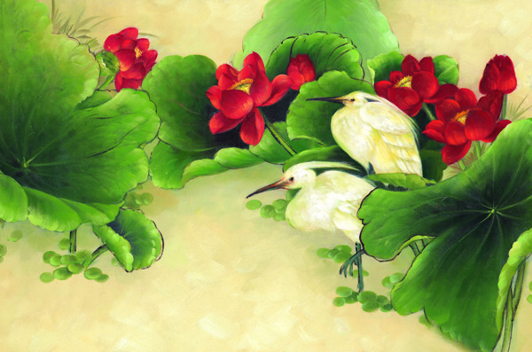 蓮花葉與鳥國畫圖片