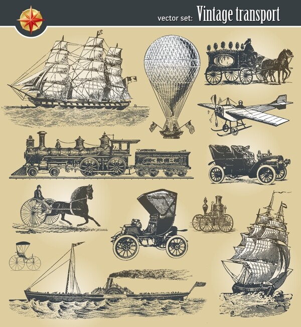 欧洲古典帆船马拉车飞机热气球