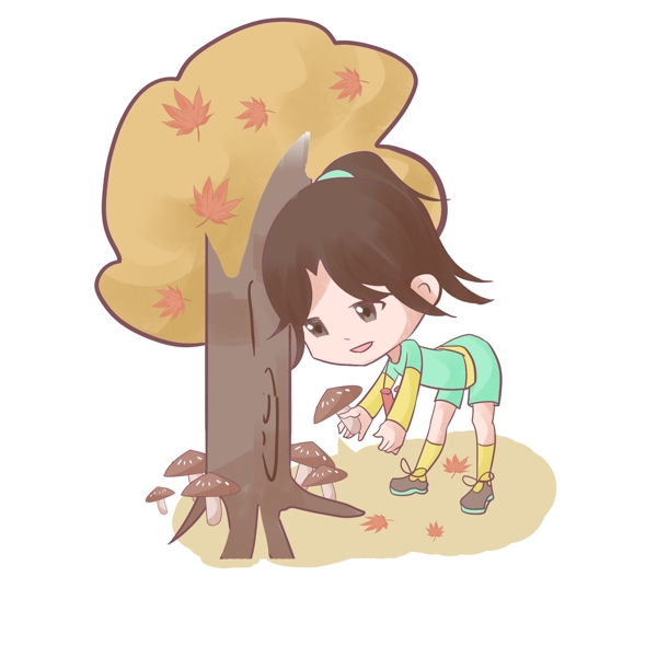 秋季女孩摘蘑菇插画