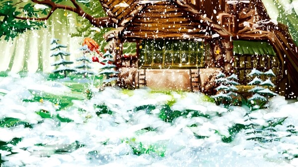 唯美小雪雪地樹木背景