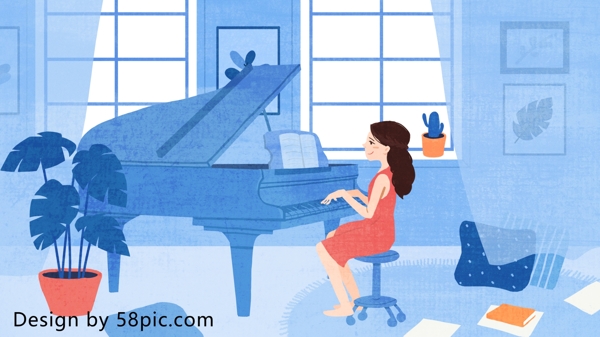 8月你好弹钢琴的女孩原创手绘插画
