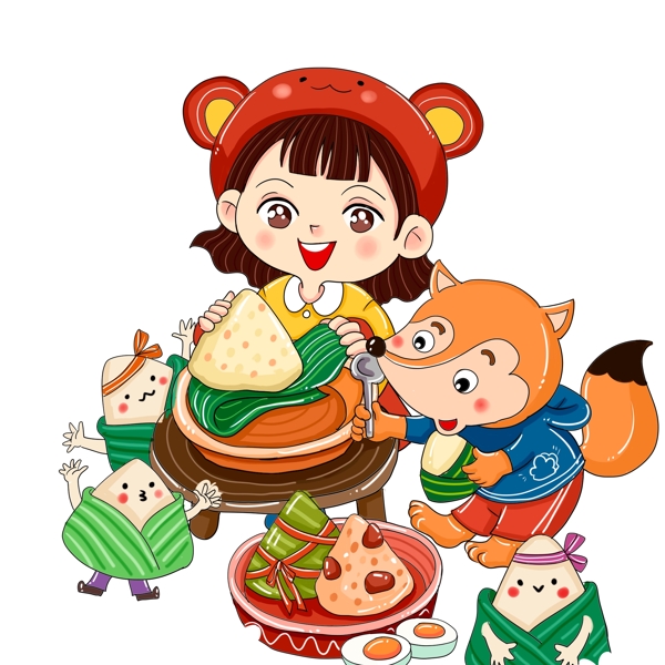 彩绘端午节吃粽子的女孩和松鼠设计