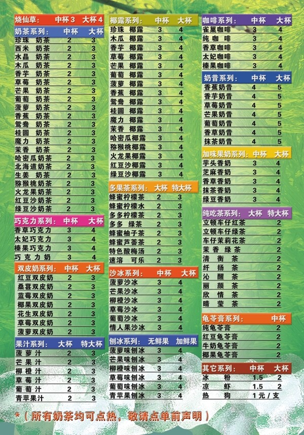 奶茶價(jià)格牌圖片