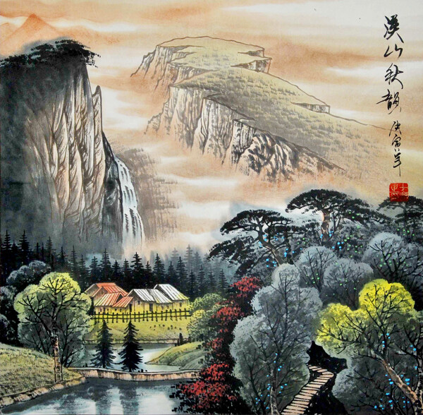 溪山秋韻水墨畫圖片素材