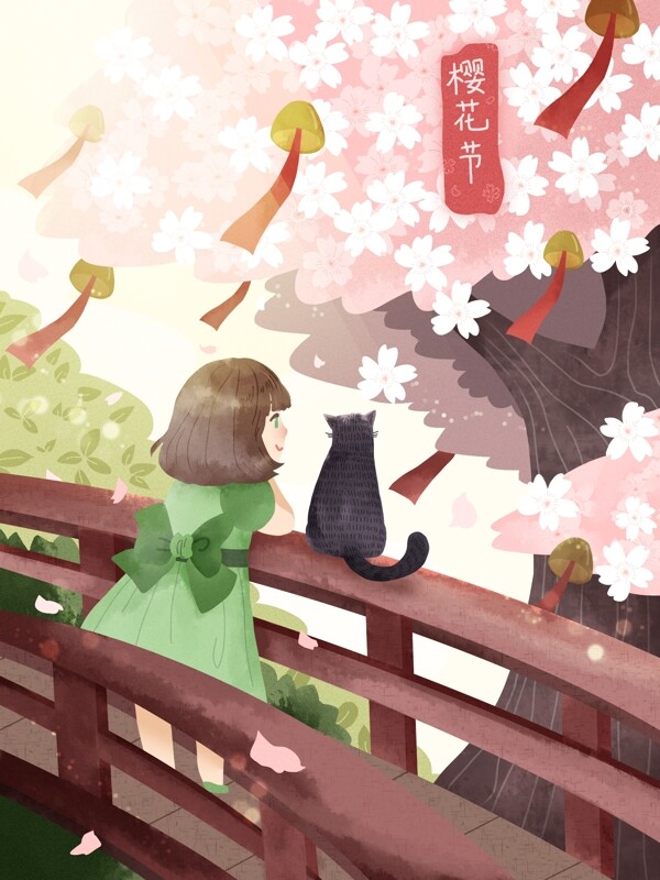 唯美清新日本樱花节女孩猫咪开心赏樱