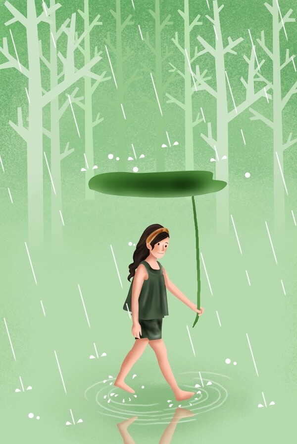 缤纷夏日雨中漫步荷叶少女海报背景