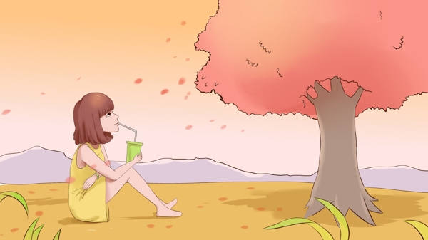 秋天你好女孩插畫