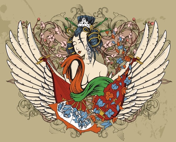 花卉矢量插畫藝妓