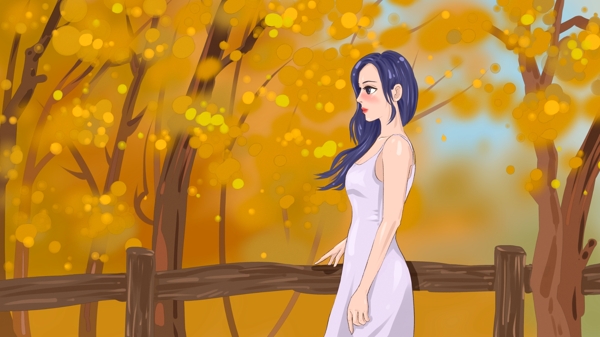 秋天树林里远眺的少女