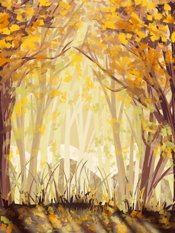 唯美冬日里的黄色落叶树林背景设计