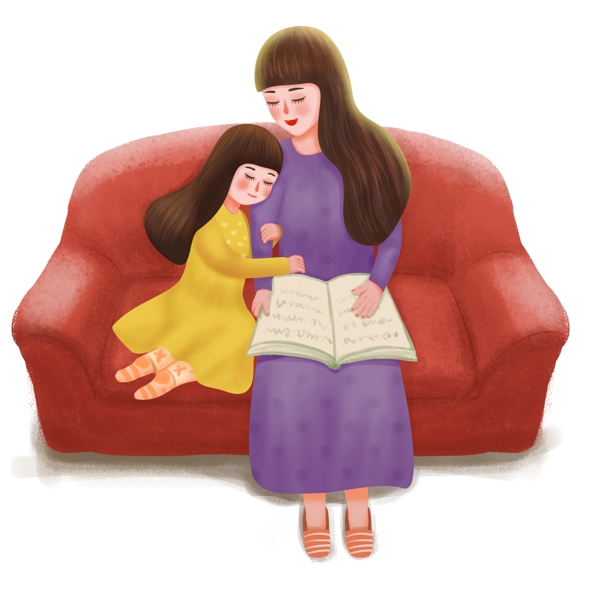 温馨母亲节一起坐在沙发上看书的母女俩设计
