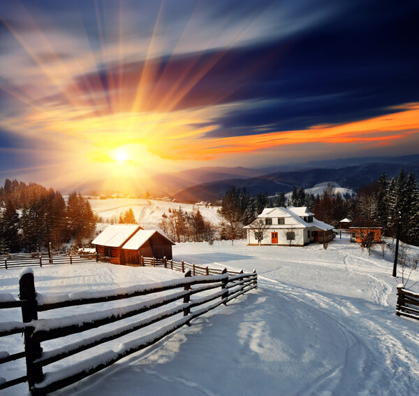 光芒四射的太阳与雪景图片