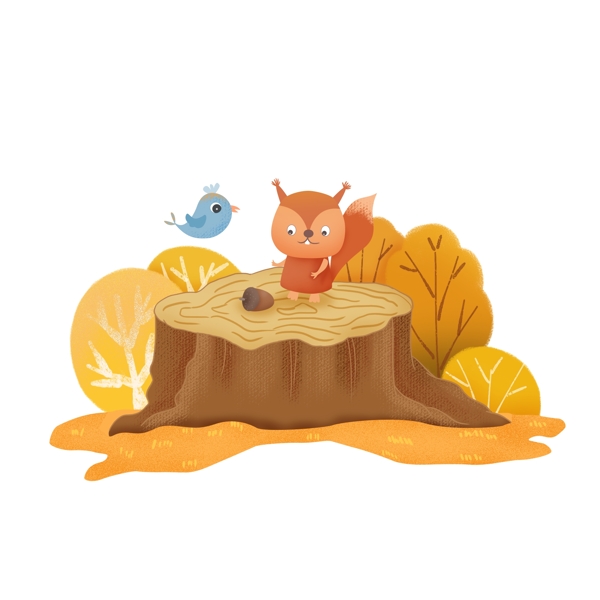 金色手绘风格秋季小松鼠和鸟