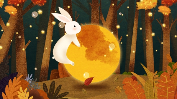 原创插画萌宠系列之抱月的兔子